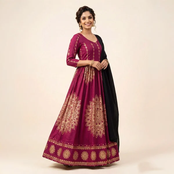 Maroon Rayon Gold Design Dress